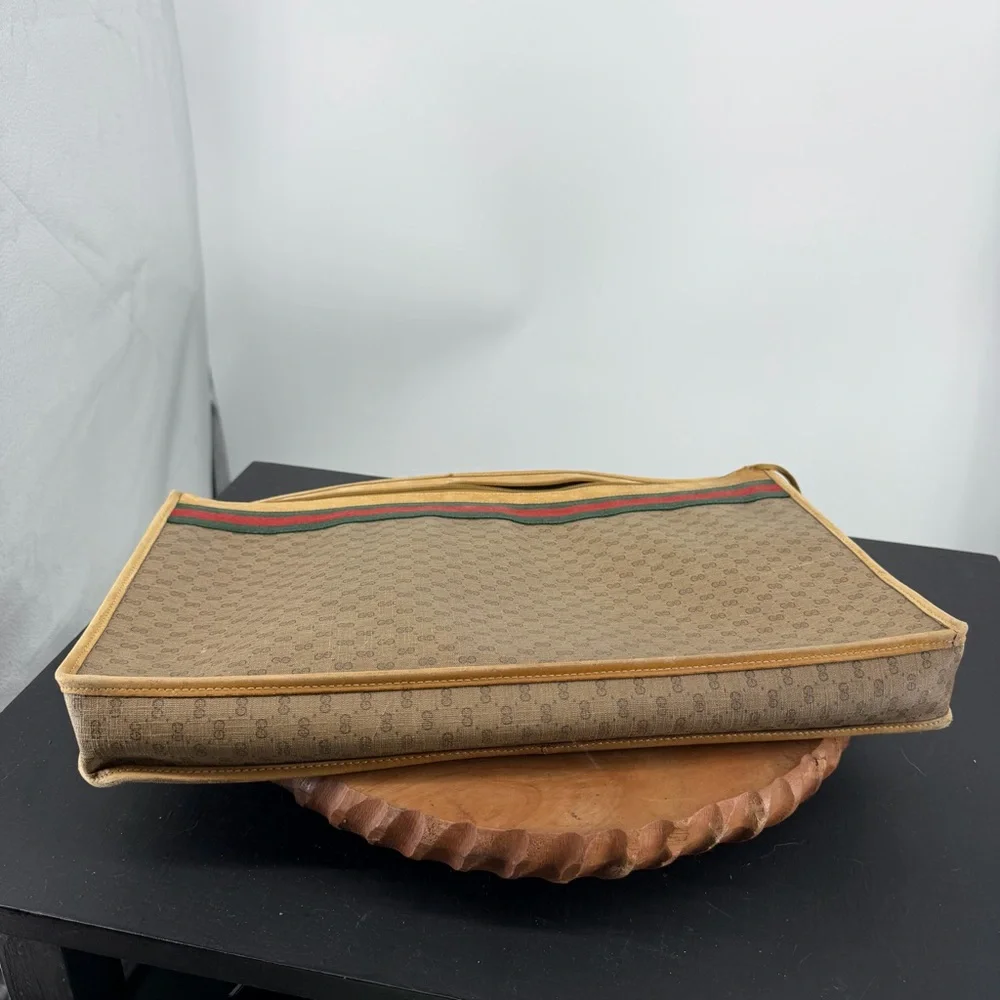 GUCCI Micro GG Supreme Web Sherry Line Briefcase tan leather trim laptop sleeve